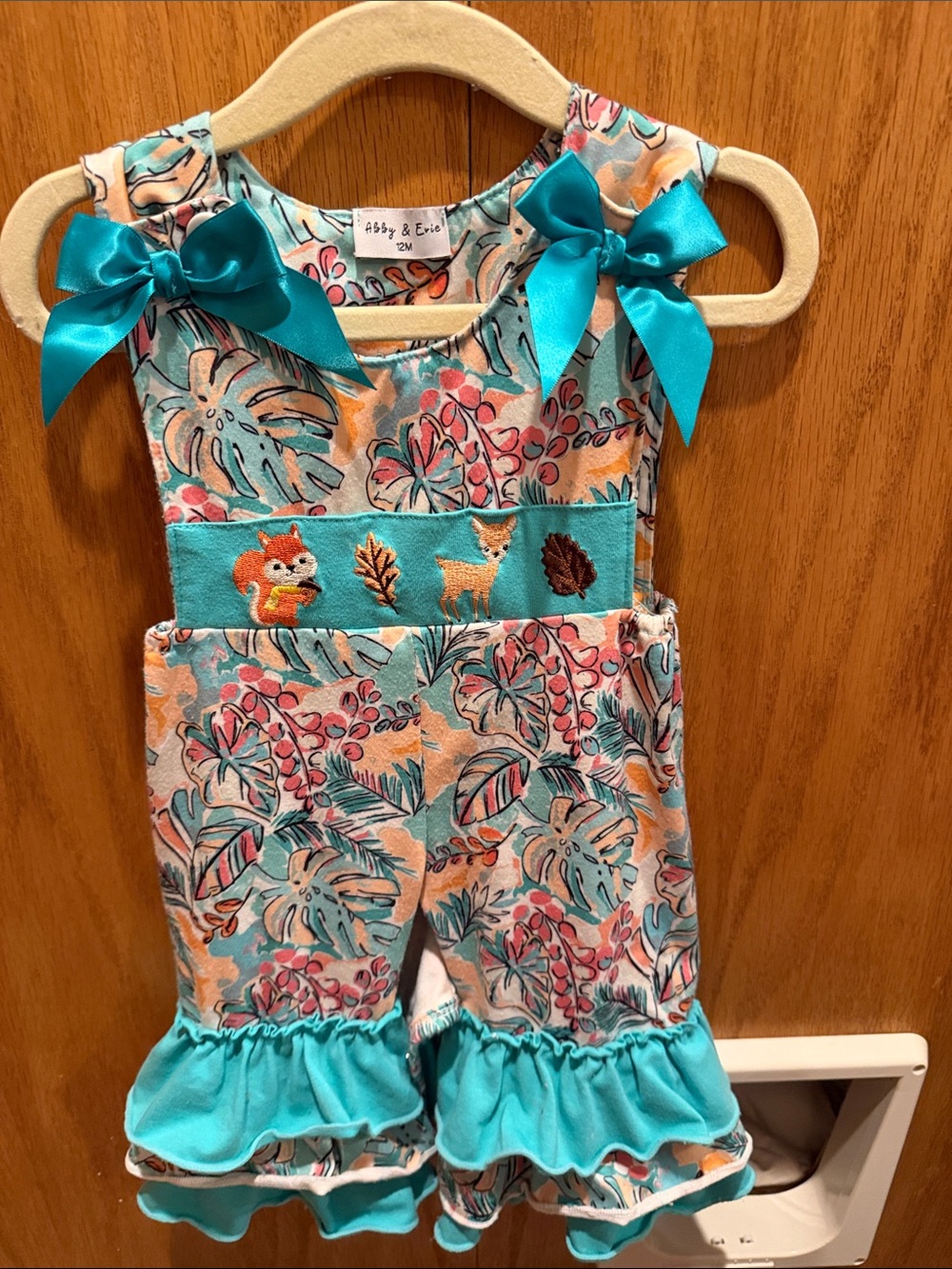 Abby & Evie Teal Floral Kids Romper with Embroidered Animals